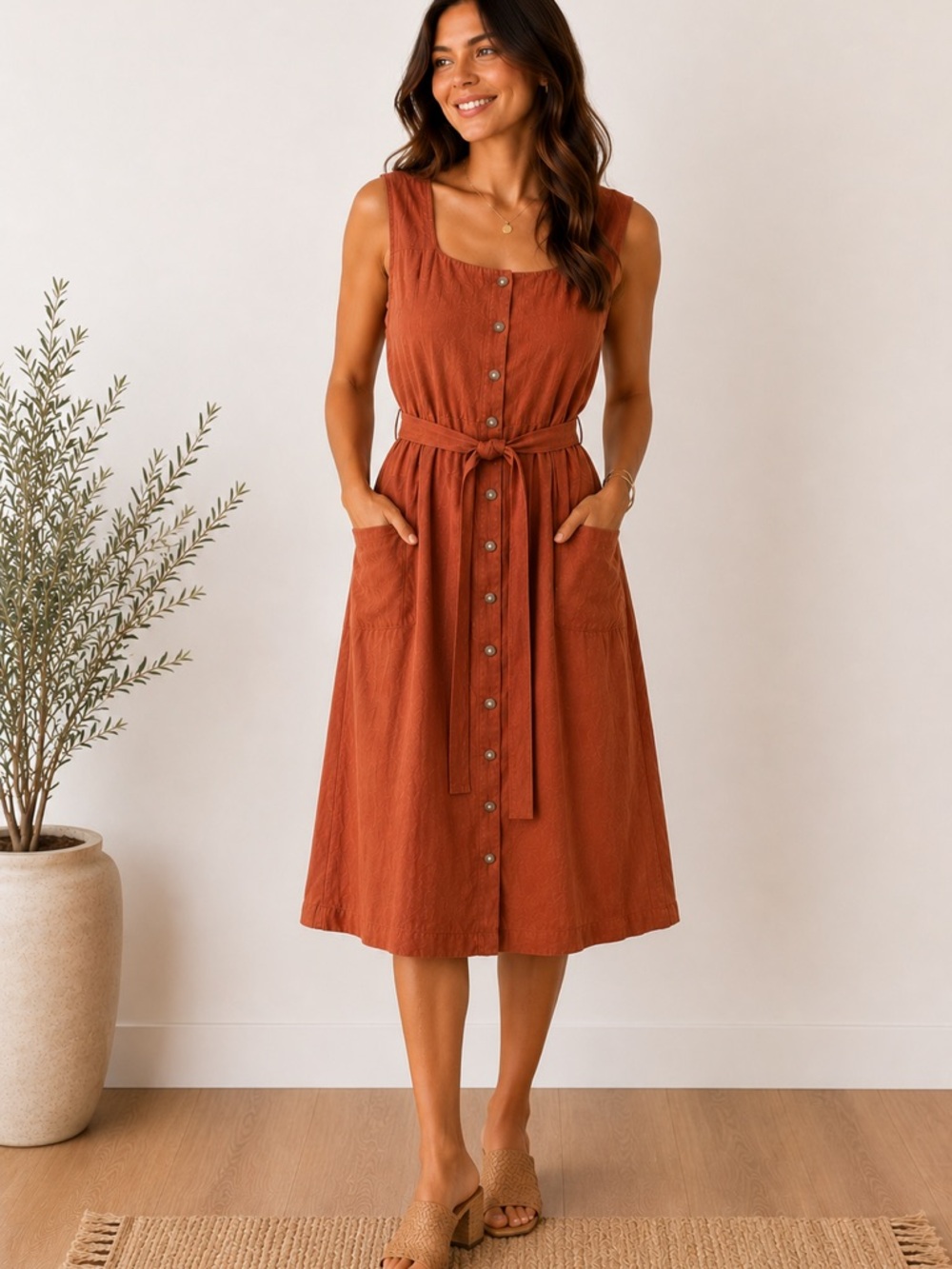 Nine West burnt orange belted button front sleeveless dress size L
